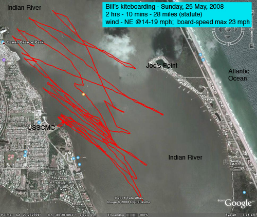 Bill's annotated kiteboard tracklog